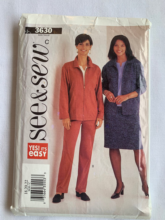 Butterick Sewing Pattern See & Sew 3630 Misses'/Misses' Petite Jacket, Pants, Skirt, Loose-Fitting, Dropped Shoulder, Size 18-22, Cut, 2002