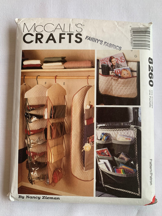 McCall's Sewing Pattern 8260 Organizers. Gift Wrap Hang Up, Garment Bag, Suit Bag, Purse Hang-Up, Shoe Caddie, Bed , Car, Uncut, Vintage 1995