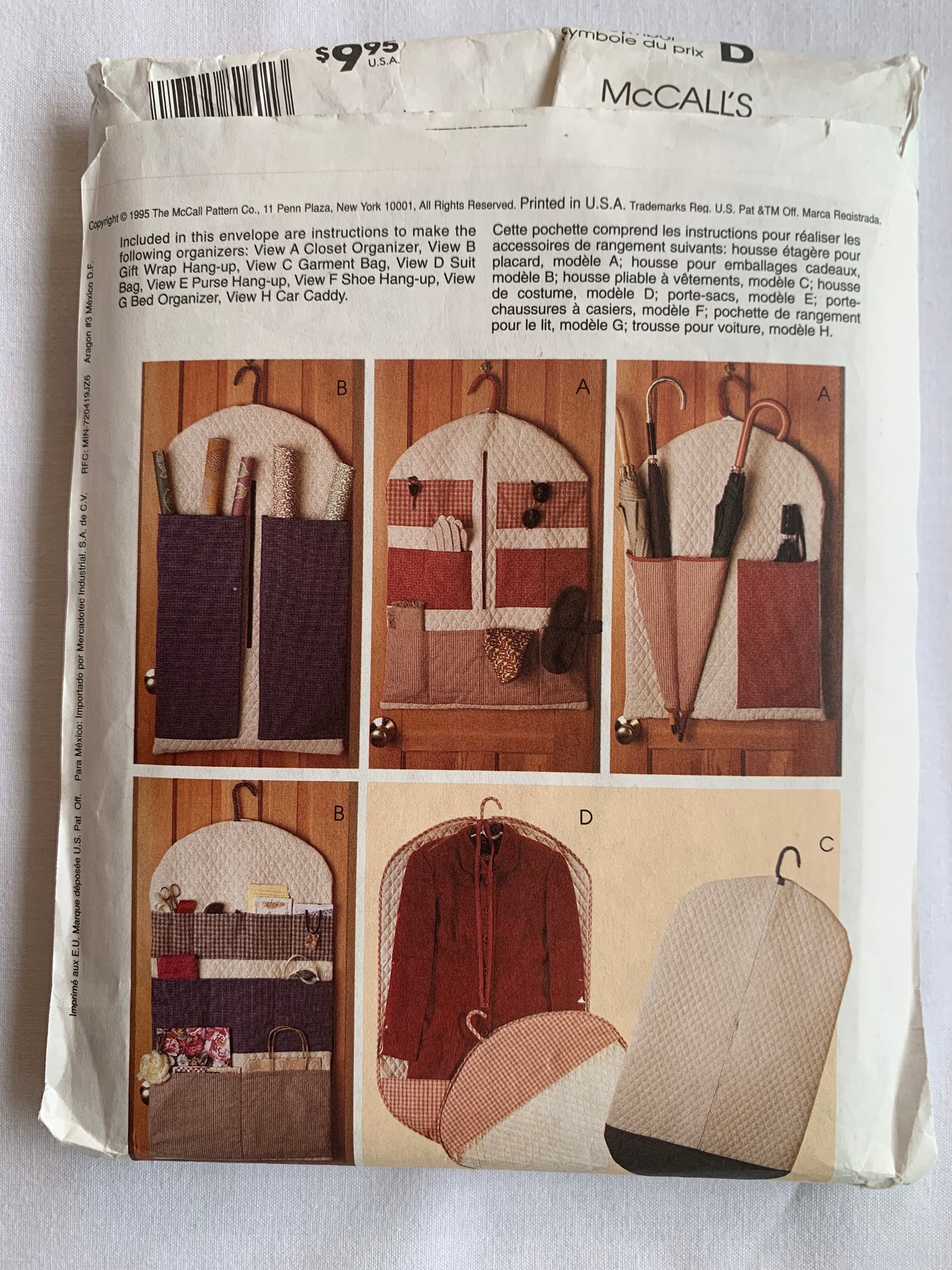 McCall's Sewing Pattern 8260 Organizers. Gift Wrap Hang Up, Garment Bag, Suit Bag, Purse Hang-Up, Shoe Caddie, Bed , Car, Uncut, Vintage 1995
