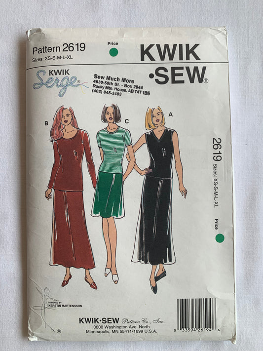 KWIK Sewing Pattern 2619 Misses' Skirts, Tops, A-Line, Close-Fitting, Long/Short Sleeves, Size XS-XL, Cut, Vintage 1994