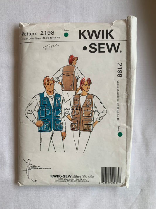 Kwik Pattern 2198, Unisex Sports Vest, Fishing/Hunting, Size 32-48, Cut, Vintage 1992