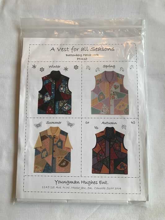 Battenber Patchwork Sewing Pattern PN11 Misses' Vest, 4 Variations, Sleeveless, Button/Zipper Front, Loose-Fitting, Lined, Pockets, Size XS-L, Uncut, Vintage 1995