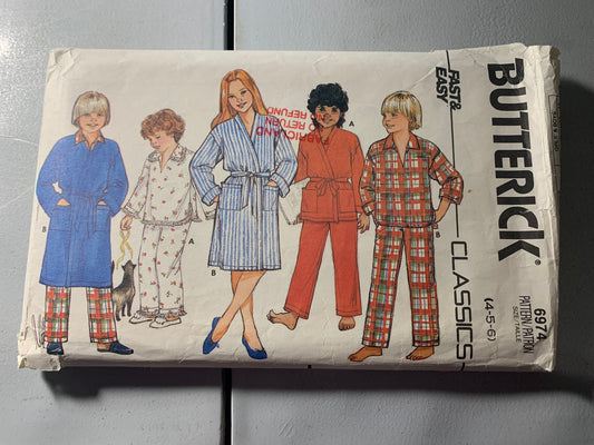 Butterick Sewing Pattern 6974 Girls'/Boys' Pajamas, Top, Pants, Pull-On, Pullover, Long Sleeves, Robe, Housecoat, Pockets, Size 12-14, Uncut, Vintage 1998