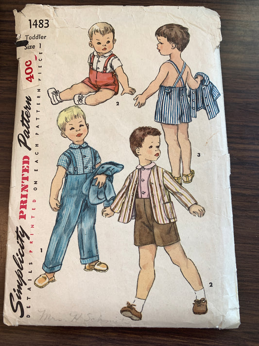 Simplicity Sewing Pattern 1483 Toddlers' Boys' Shirt, Pants, Jacket, Shorts, Suspenders, Two Lengths, Size 1, Cut, Vintage 1960