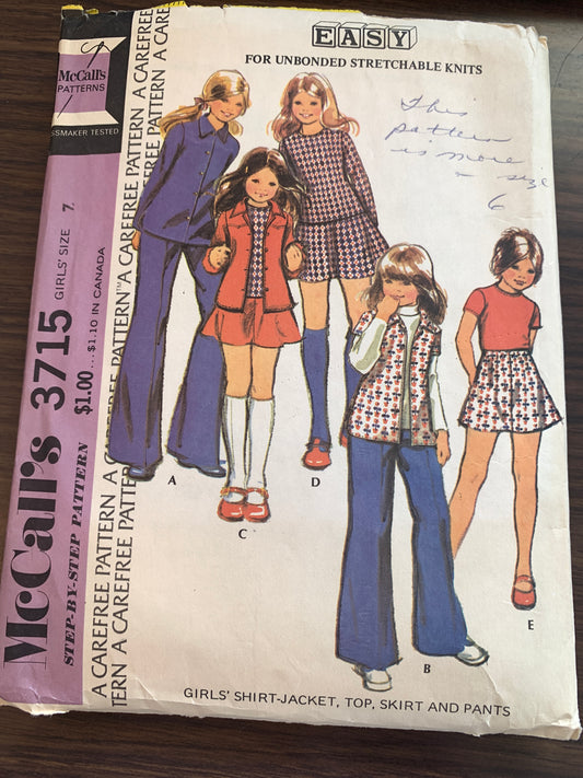 McCall's Sewing Pattern 3715 Girls' Shirt-Jacket, Top, Pants, Skirt, Button Front, Zipper Back, Size 7, Cut, Vintage 1973