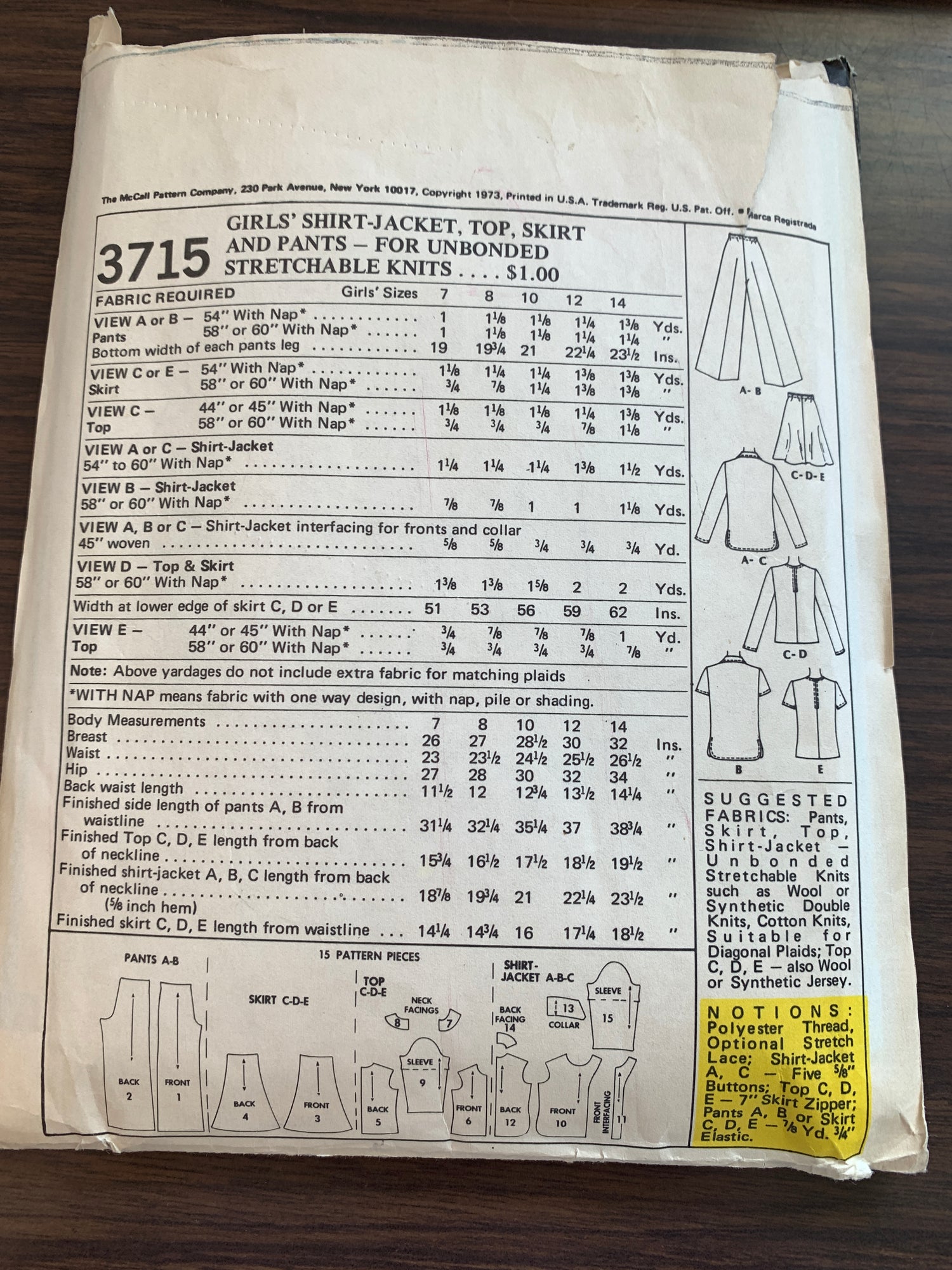 McCall's Sewing Pattern 3715 Girls' Shirt-Jacket, Top, Pants, Skirt, Button Front, Zipper Back, Size 7, Cut, Vintage 1973