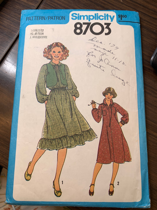 Simplicity Sewing Pattern 8703 Young Junior/Teens' Vest, Pullover Dress, Long Raglan Sleeves, Pockets, Waistline Elastic, Size 9-12, Cut, Vintage 1973