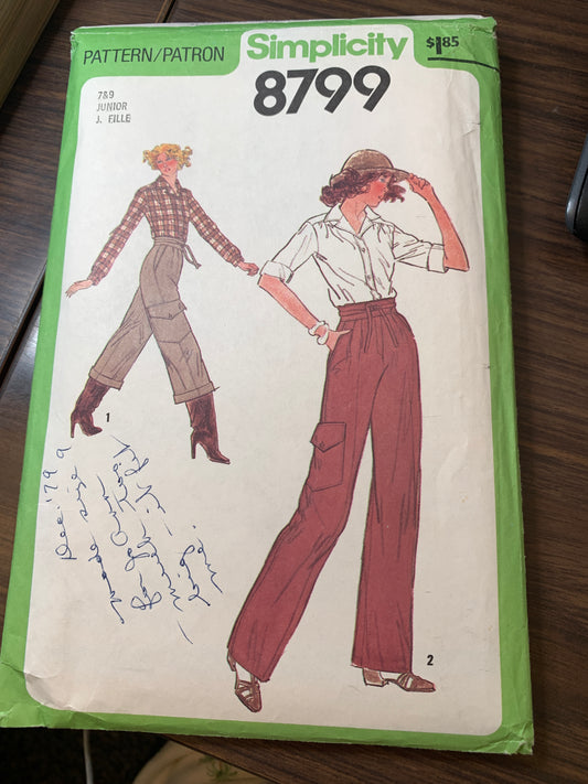 Simplicity Sewing Pattern 8799 Juniors' Pants, Tops, Two Lengths,Long/Short Sleeves, Zipper, Waistband, Pockets, Size 7-9, Cut, Vintage 1978