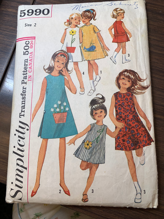Simplicity Sewing Pattern 5990 Girls' Dress, Zipper Back, Short Sleeves, Sleeveless, Size 2, Cut, Vintage 1965