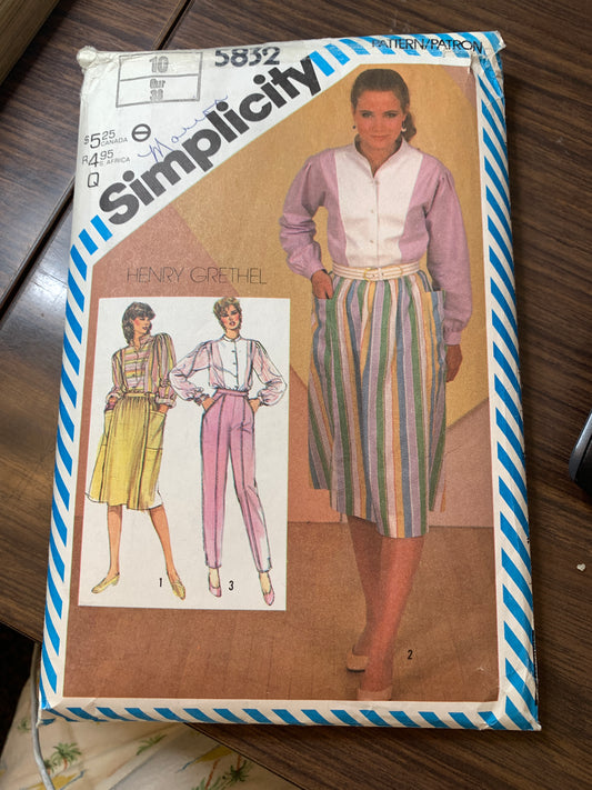 Simplicity Sewing Pattern 5832 Misses' Skirt, Pants, Pockets, Button Front, Side Zipper, Size 10, Cut, Vintage 1982