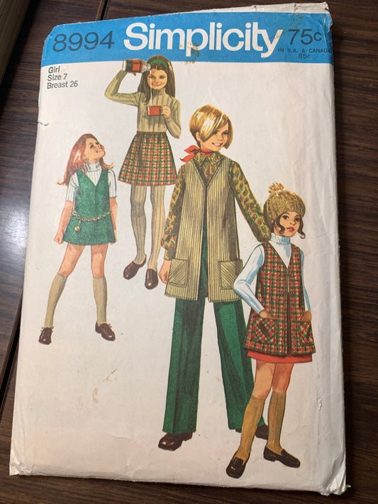 Simplicity Sewing Pattern 8994 Girls'/Chubbies' Mini Jumper, Vest-Coat, Skirts, Pants, Sleeveless, Zipper, Two Lengths, Size 7, Cut, Vintage 1970