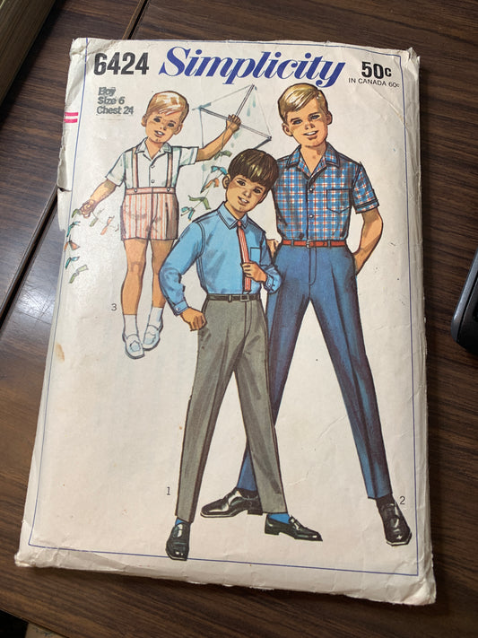 Sewing Pattern 6424 Boys' Shirt, Pants, Shorts, Fly Zipper, Pockets, Size 6, Cut, Vintage 1963