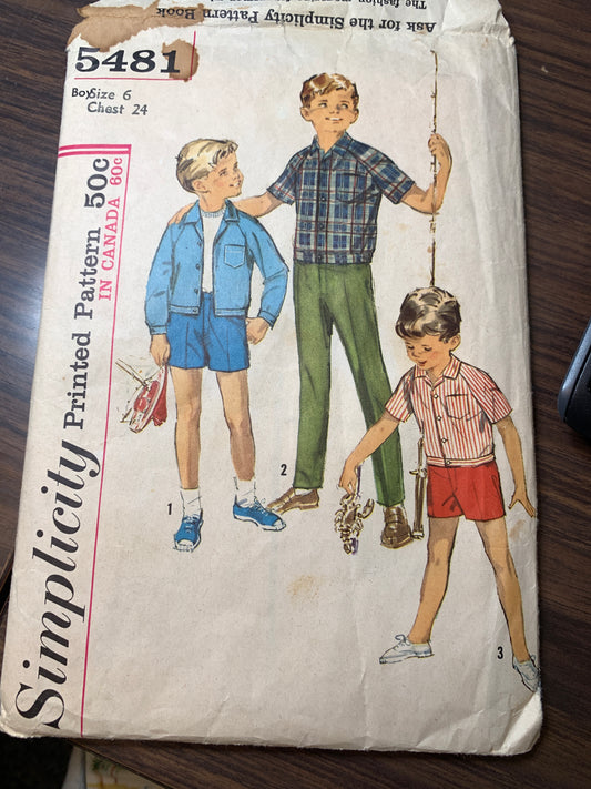 Simplicity Sewing Pattern 5481 Boys' Shirt, Pants, Shorts, Fly Zipper, Pockets, Size 6, Cut, Vintage 1964