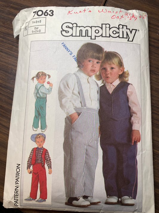 Simplicity Sewing Pattern 7063 Toddlers' Shirt, Reversible Vest, Pants, Pockets, Suspenders, Size 1-3, Cut, Vintage 1985