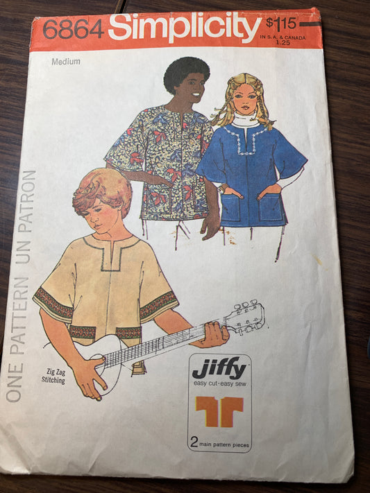 Simplicity Jiffy Sewing Pattern 6864 Girls'/Boys'/Teens' Jiffy Pullover Tops, Kimono Sleeves, Slits, Size 29-30, Cut, Vintage 1975