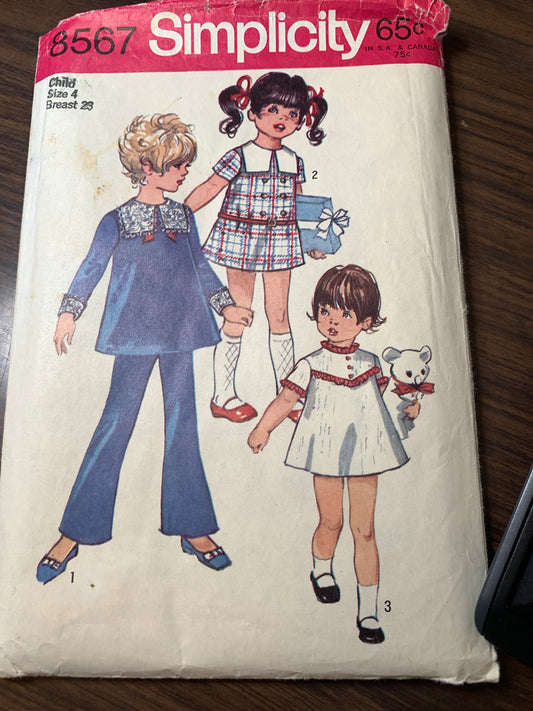Simplicity Sewing Pattern 8567 Girls' Dress, Tunic, Bell-Bottom Pants, Back Zipper, Long/Short Sleeves, Size 4, Cut, Vintage 1969