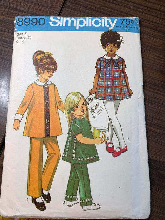 Simplicity Sewing Pattern 8990 Girls' Dress, Pants, Long/Short Sleeves, Zipper, Size 5, Cut, Vintage 1970