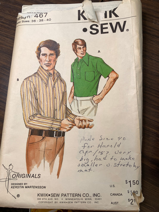 KWIK Sewing Pattern 467 Men's Shirt, Long/Small Sleeves, Size 36-40, Cut, Vintage 1984