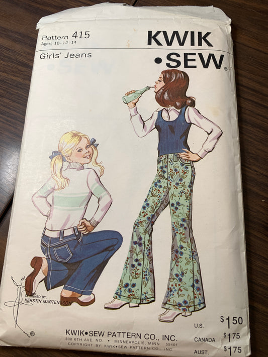 KWIK Sewing Pattern 415 Girls' Jeans, Pockets, Double Knit, Fly Front, Size 10-14, Cut, Vintage 1988