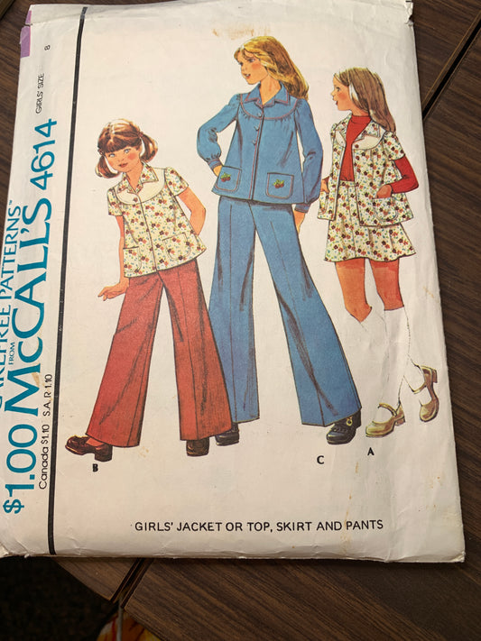 McCall's Sewing Pattern 4614 Girls' Jacket, Top, Pants, Skirt, Button Front, Zipper Back, Pockets, Size 8, Cut, Vintage 1975