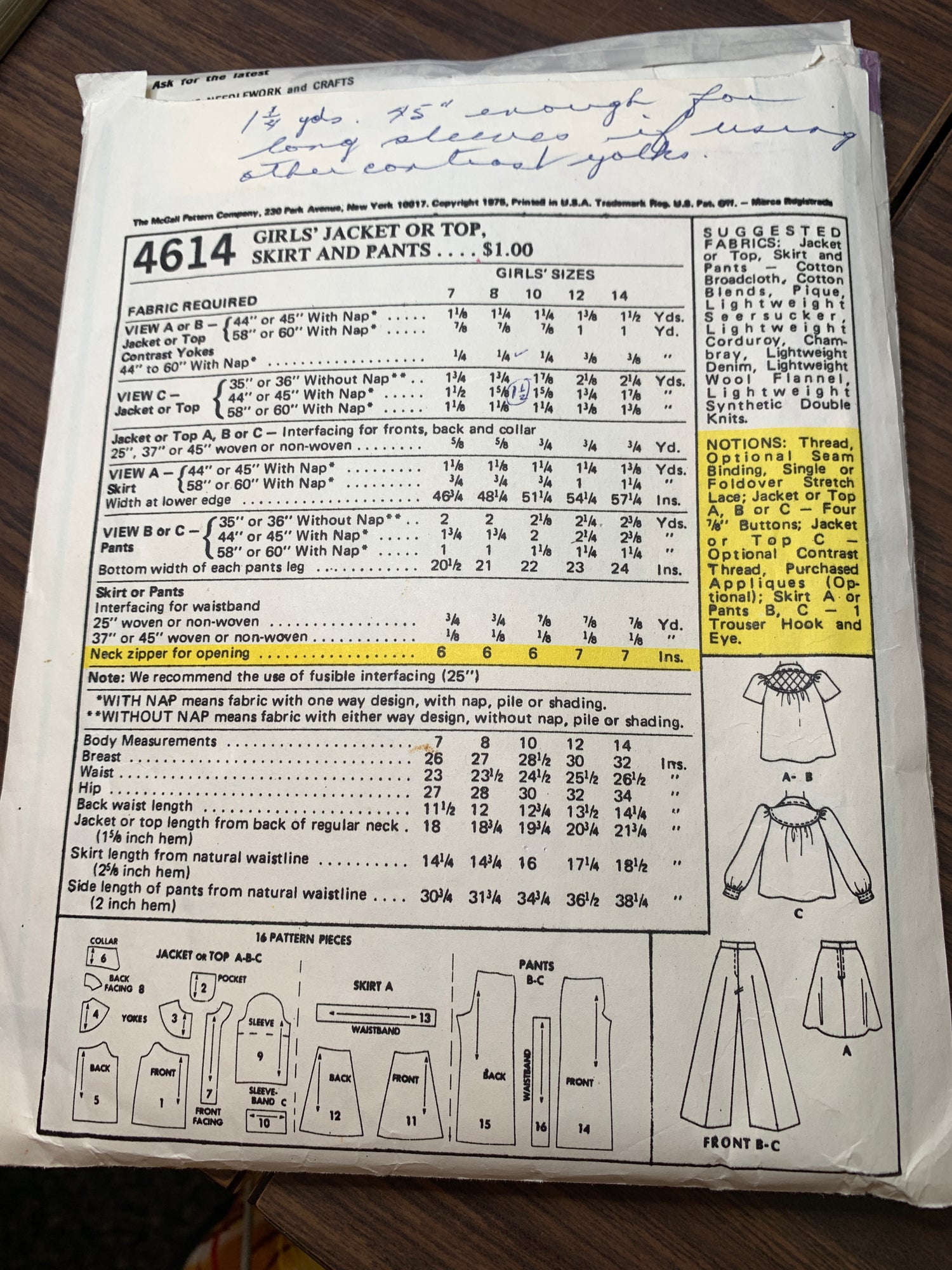McCall's Sewing Pattern 4614 Girls' Jacket, Top, Pants, Skirt, Button Front, Zipper Back, Pockets, Size 8, Cut, Vintage 1975