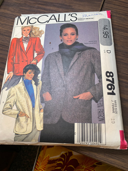 McCall's Sewing Pattern 8761 Misses' Unlined Jacket, Collar, Shoulder Pads, Pockets, Size 10, Cut, Vintage 1989