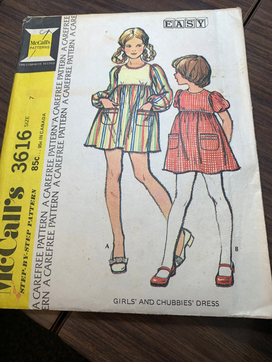 McCall's Sewing Pattern 3616 Girls'/Chubbies Dress, Long/Short Sleeves, High Waisted, Size 7, Cut, Vintage 1973