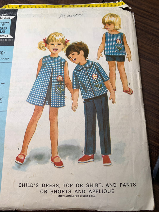 McCall's Sewing Pattern 8207 Girls' Tops, Dress, Shorts, Pants, Button Front, Pockets, Size 1, Cut, Vintage 1966