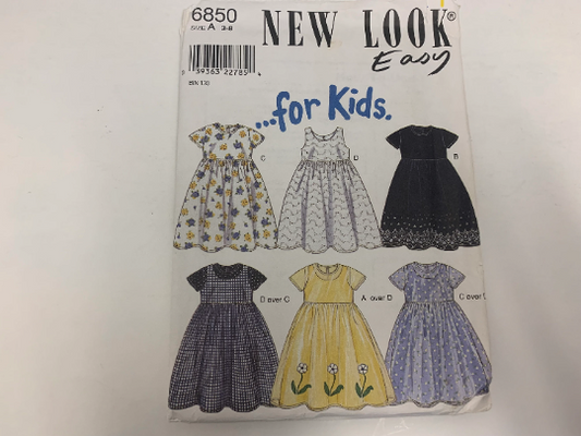 Simplicity New Look Sewing Pattern 6850 Girls' Dresses, Sleeveless Short Sleeves, Zipper, Round Neck, Gathered Flared Skirt, Size 3-8, Uncut, Vintage 1999