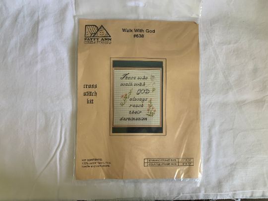 Vintage Patty Ann Creations #638 Walk With God , Cross Stitch Kit, Complete Instructions, Craft Kit, Stamped, Christmas Gift