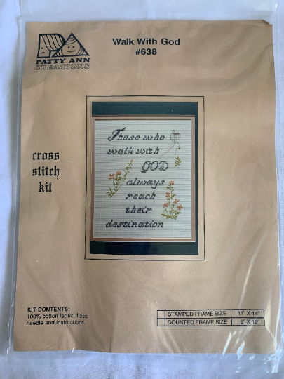 Vintage Patty Ann Creations #638 Walk With God , Cross Stitch Kit, Complete Instructions, Craft Kit, Stamped, Christmas Gift