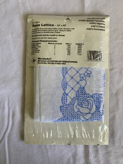 Wonder Art Table Runner Rose Lattice, Cross Stitch Kit, Embroidery, Complete Instructions, Stamped, Craft Kit