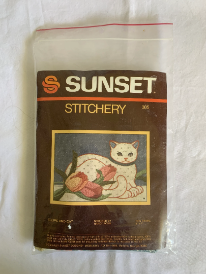 Sunset Stitchery Tulips And Cat, Nancy Rossi, Embroidery, Complete Instructions, Stamped, Craft Kit
