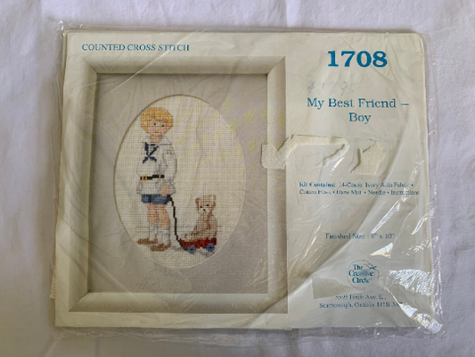 Vintage The Creative Circle #1708 My Best Friend Boy, Counted Cross Stitch Collectibles, Christmas Gift, Craft Kit, Hobby, Teddy Bear, Wagon