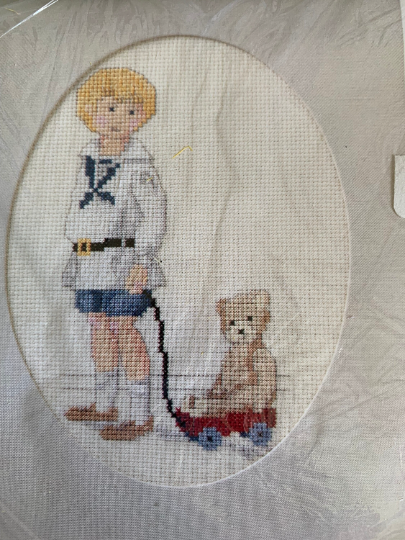 Vintage The Creative Circle #1708 My Best Friend Boy, Counted Cross Stitch Collectibles, Christmas Gift, Craft Kit, Hobby, Teddy Bear, Wagon