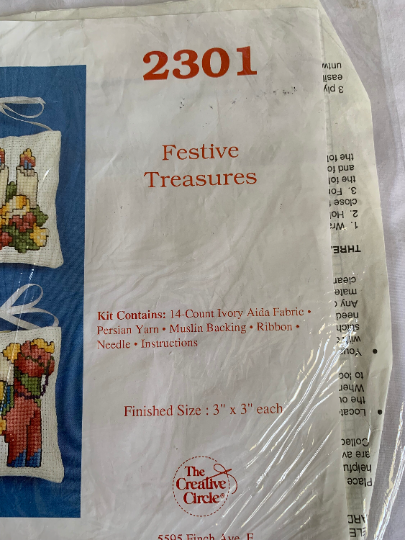 Vintage Creative Circle #2301 Festive Treasures, Counted Cross Stitch Kit, Complete Instructions, Craft Kit, Christmas Tree Ornaments