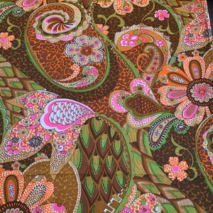 1960's Mod Polyester/Nylon, Flower Power Design, Psychedelic, Pink, Brown, Orange, Green, White 99x 42 Inches, New/Old Stock