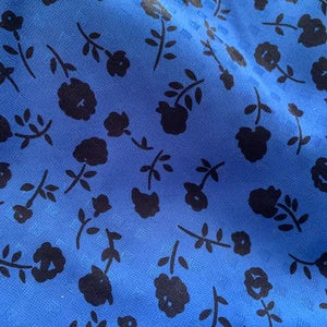 Blue Nylon Fabric With Black Flowers, 56" Wide x 88" Long, New/Old Stock