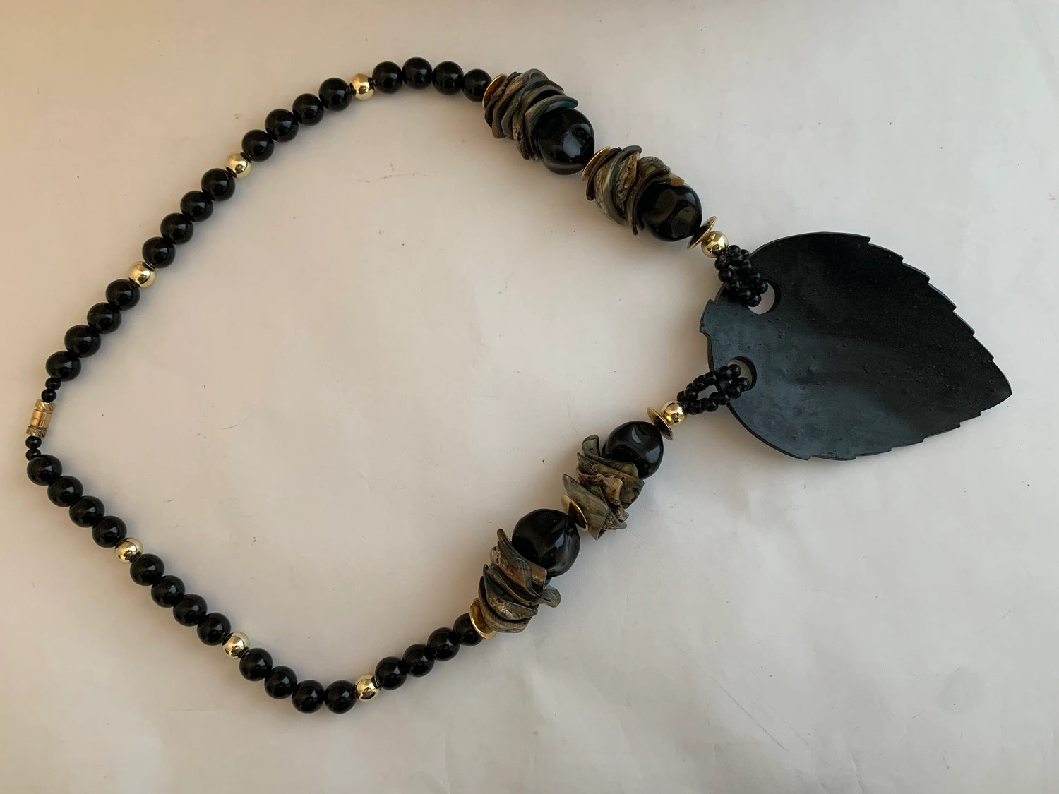 Vintage Huge Abalone Heart Pendant Necklace, Mother of Pearl Seashell, Black and Gold Tone Beads, Screw Clasp, Costume Jewelry, Hippie, 1980