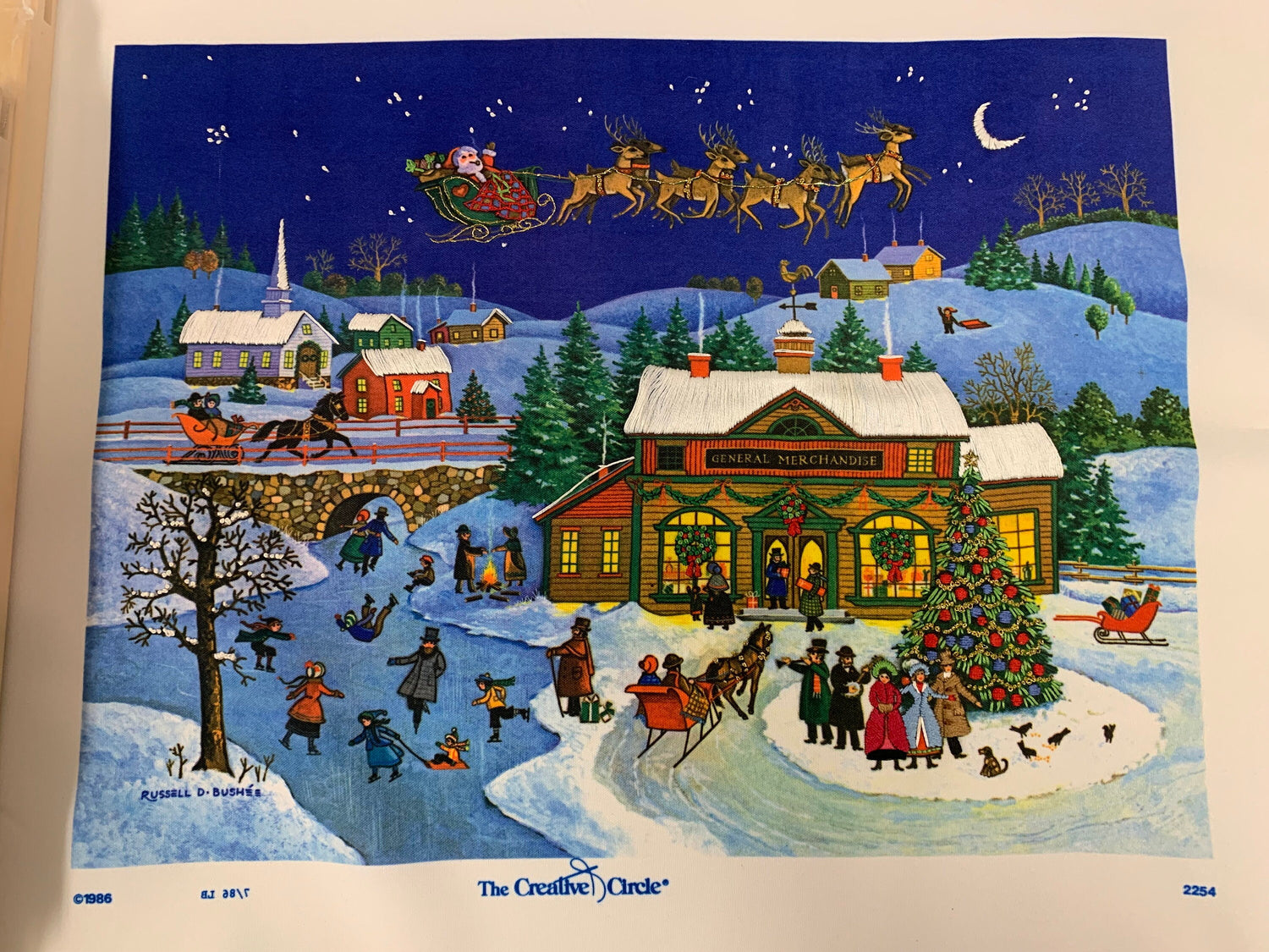 Vintage Creative Circle 1986 Christmas Scene, Stretch 'N Stitch Bars, 12x16 Inches, Handmade, No Frame