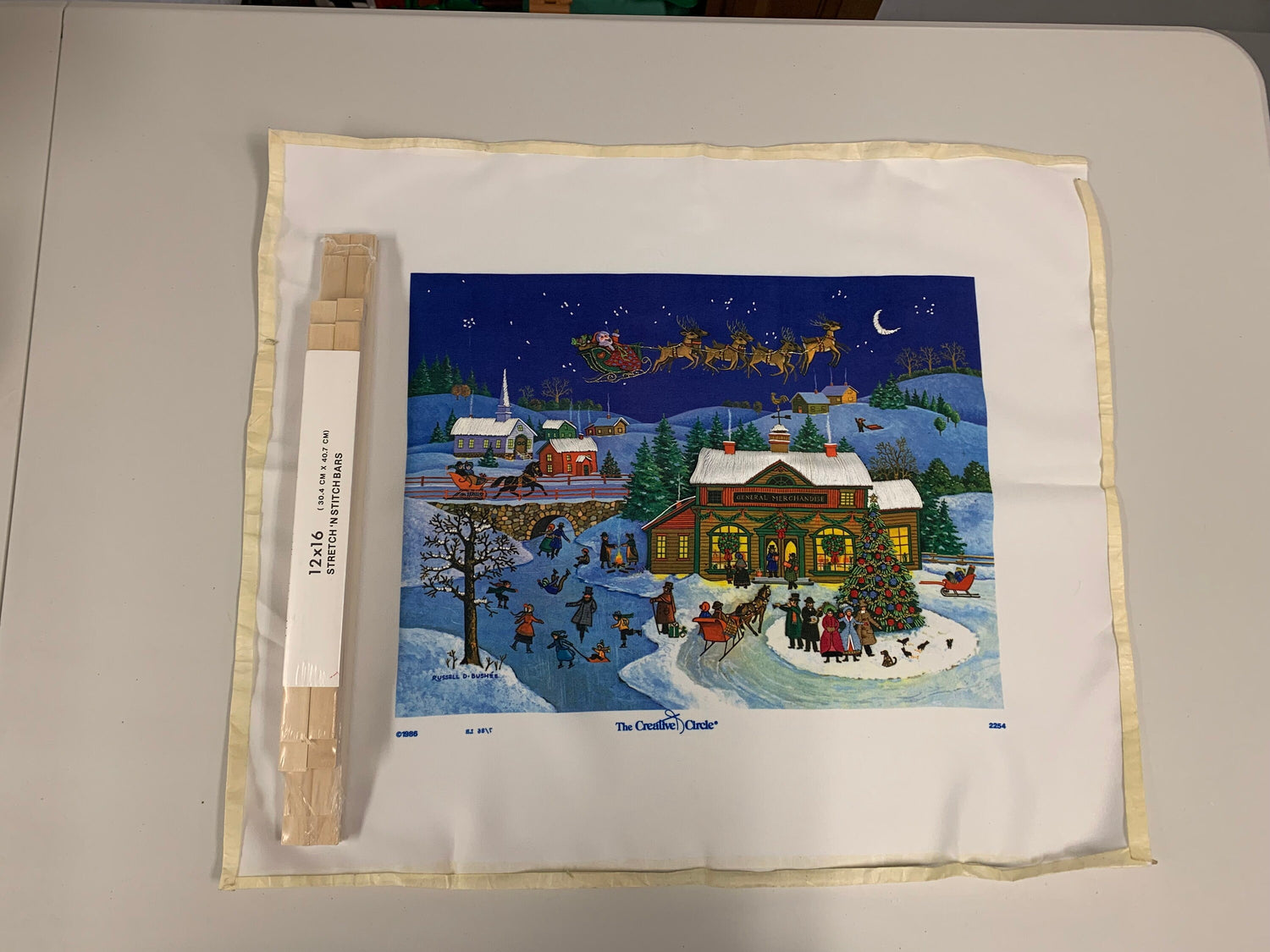 Vintage Creative Circle 1986 Christmas Scene, Stretch 'N Stitch Bars, 12x16 Inches, Handmade, No Frame
