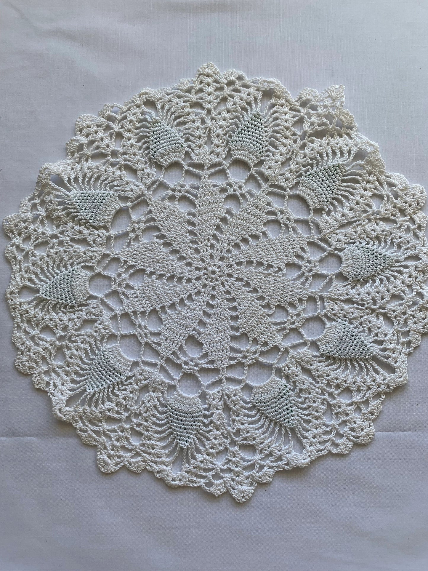 Vintage Hand Made Crocheted Doily, China Cabinet, Round, White, Green Beads, Delicate, 9 1/2 Inch Diameter, Elegant, Scrapbooking, Scallop