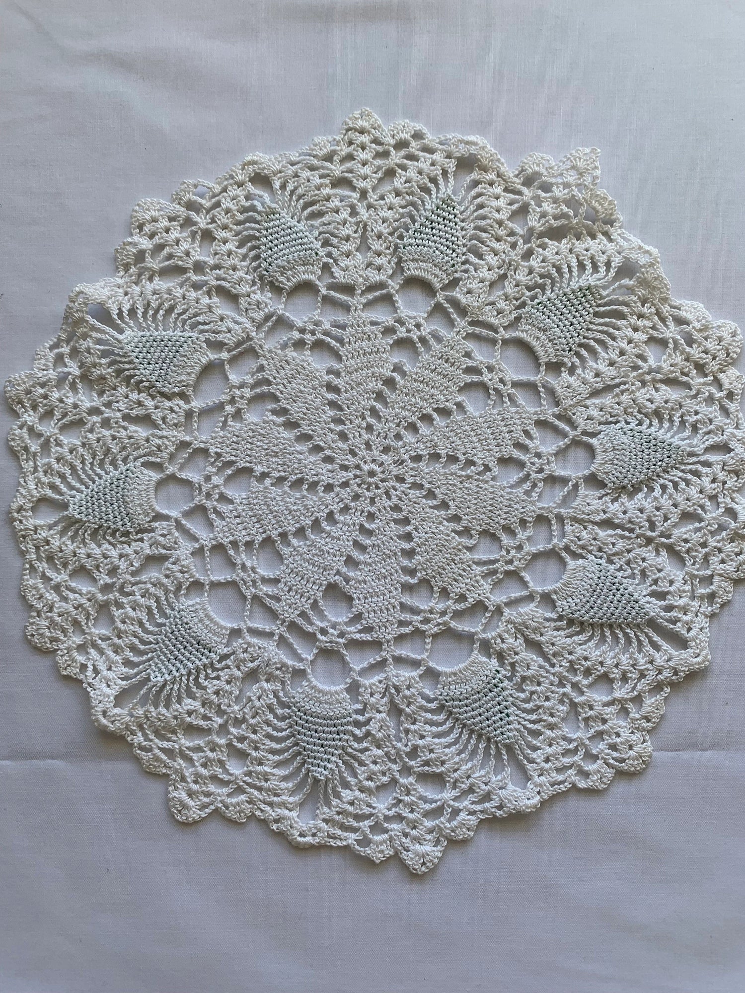 Vintage Hand Made Crocheted Doily, China Cabinet, Round, White, Green Beads, Delicate, 9 1/2 Inch Diameter, Elegant, Scrapbooking, Scallop