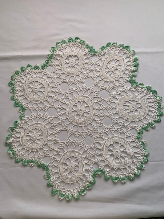 Vintage Hand Made Crocheted Doily, China Cabinet, White, Green, Scalloped, Round, 17 Inch Diameter, Elegant, Home Decor, Circles