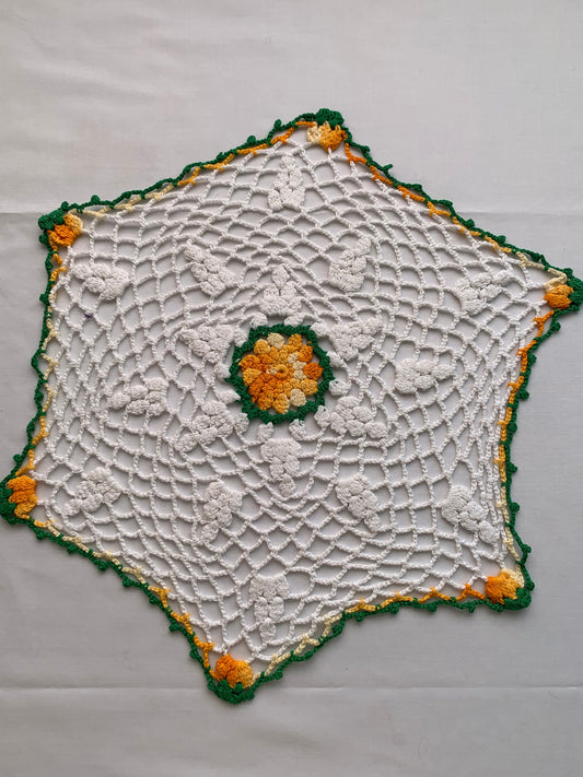 Vintage Hand Made Crocheted Doily, China Cabinet, White, Green, Yellow, Scalloped, Round, 15 Inch Diameter, Elegant, Home Decor, Circle