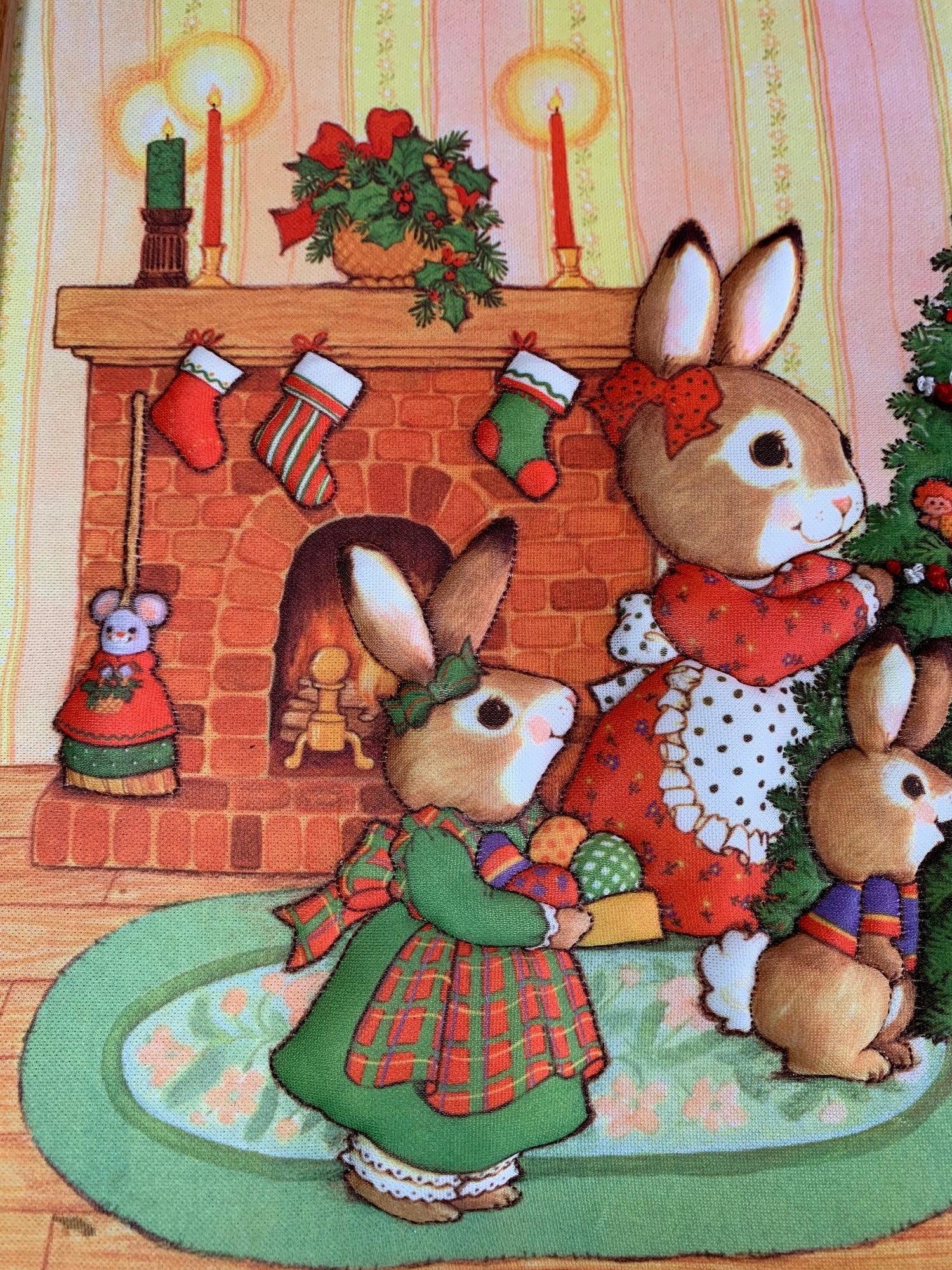 Vintage Creative Circle 1986 Christmas Scene, 17 1/4" x 13 1/4", Wooden Frame, Handmade,Tree, Bunnies