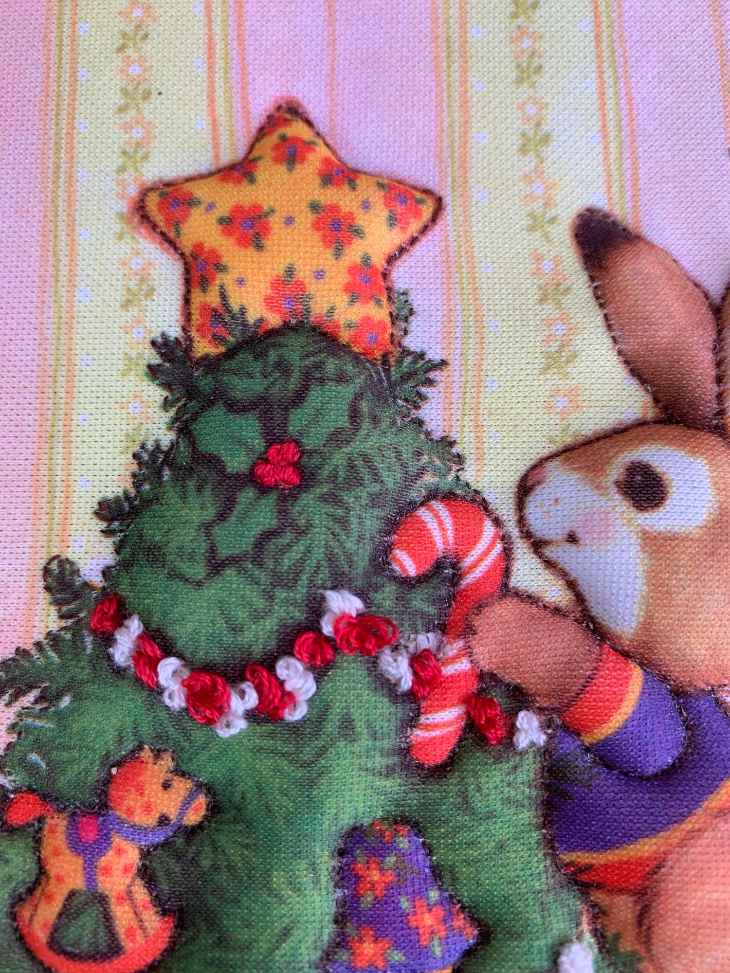 Vintage Creative Circle 1986 Christmas Scene, 17 1/4" x 13 1/4", Wooden Frame, Handmade,Tree, Bunnies