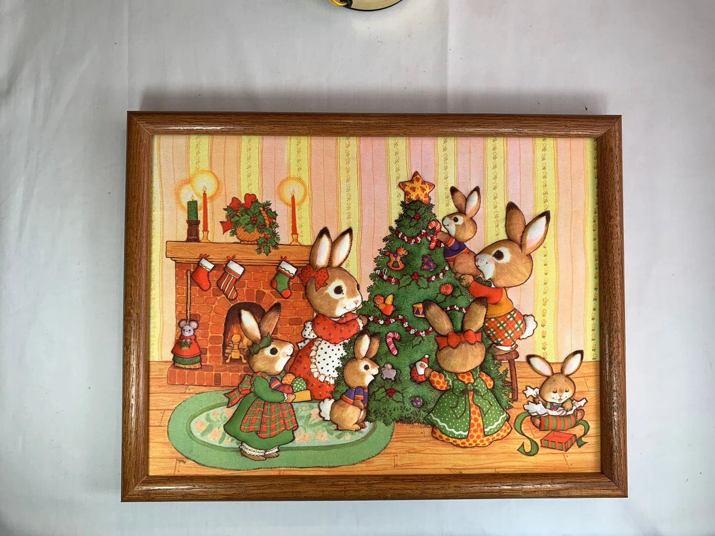 Vintage Creative Circle 1986 Christmas Scene, 17 1/4" x 13 1/4", Wooden Frame, Handmade,Tree, Bunnies