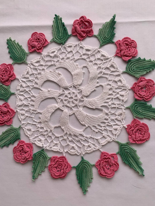 Vintage Hand Made Crocheted Doily China Cabinet, Leaves, Roses, Delicate, 11 Inch Diameter, Elegant, Scrapbooking, Scallop, Home Decor