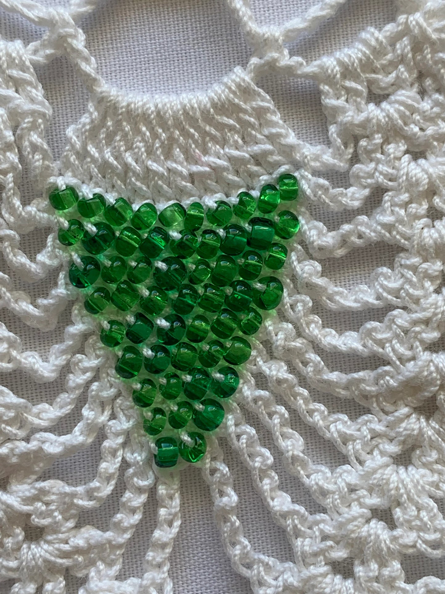 Vintage Hand Made Crocheted Doily, China Cabinet, Round, White, Green Beads, Delicate, 9 1/2 Inch Diameter, Elegant, Scrapbooking, Scallop